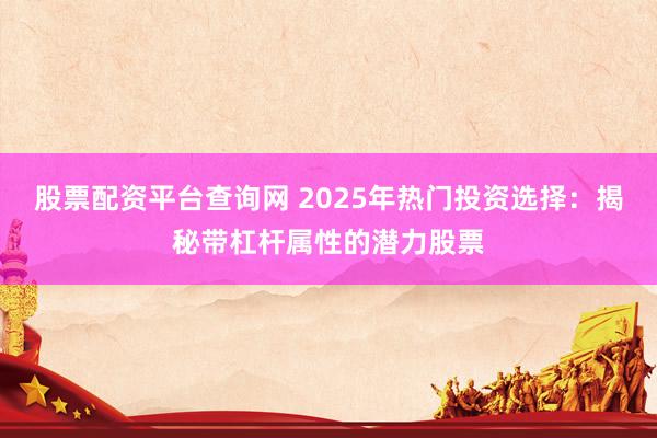 股票配资平台查询网 2025年热门投资选择：揭秘带杠杆属性的潜力股票