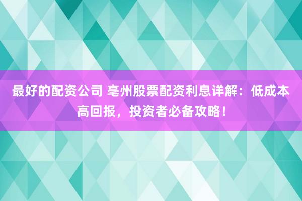 最好的配资公司 亳州股票配资利息详解：低成本高回报，投资者必备攻略！